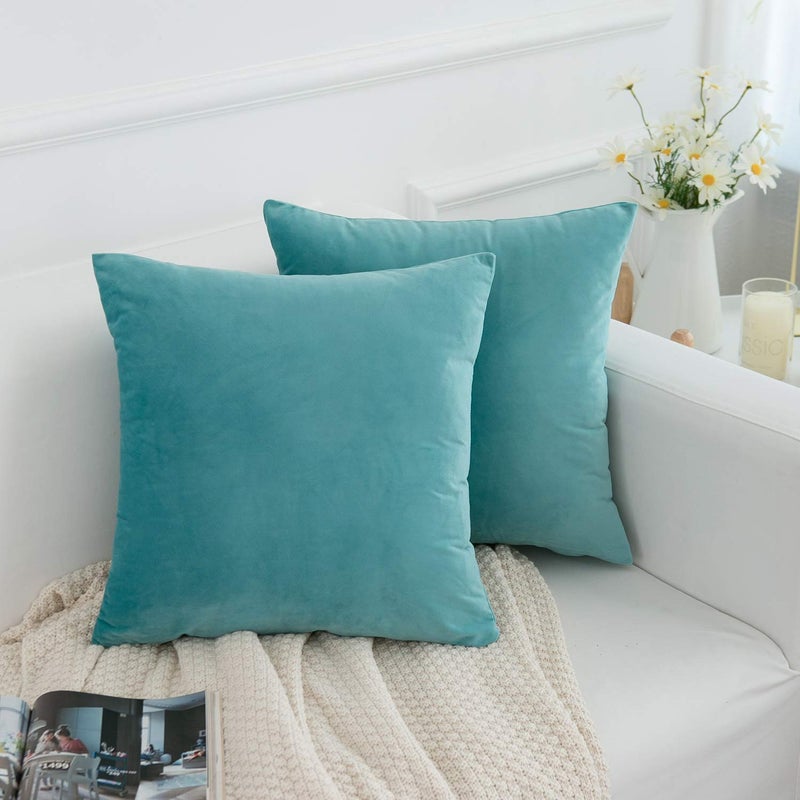 RainRoad Velvet Decorative Throw Pillow Covers Cushion Cover Pillow Case for Sofa Couch Bed Chair,Soft Square Light Teal Throw Pillows 18x18 Inch,Set of 2 - Image 2
